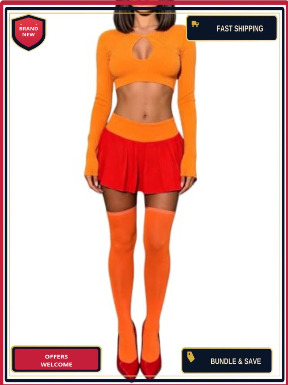 Womens Velma Daphne Costume Set Halloween Cosplay Shirt Skirt
